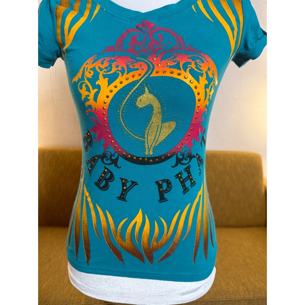Baby Phat Girlz Teal Graphic T-Shirt Gold Foil Rhinestone Cat Logo Y2K Medium